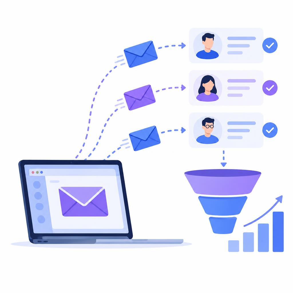 Flat illustration of emails flying from a laptop to lead profiles and a conversion funnel