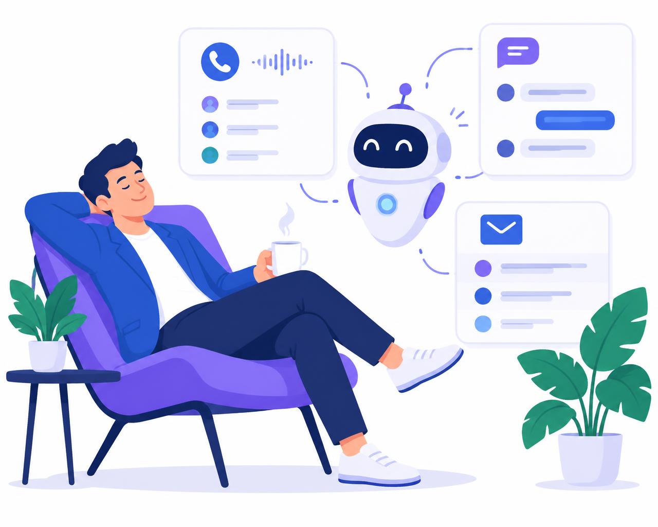 Flat illustration of a business owner relaxing with coffee while AI handles calls, messages and emails