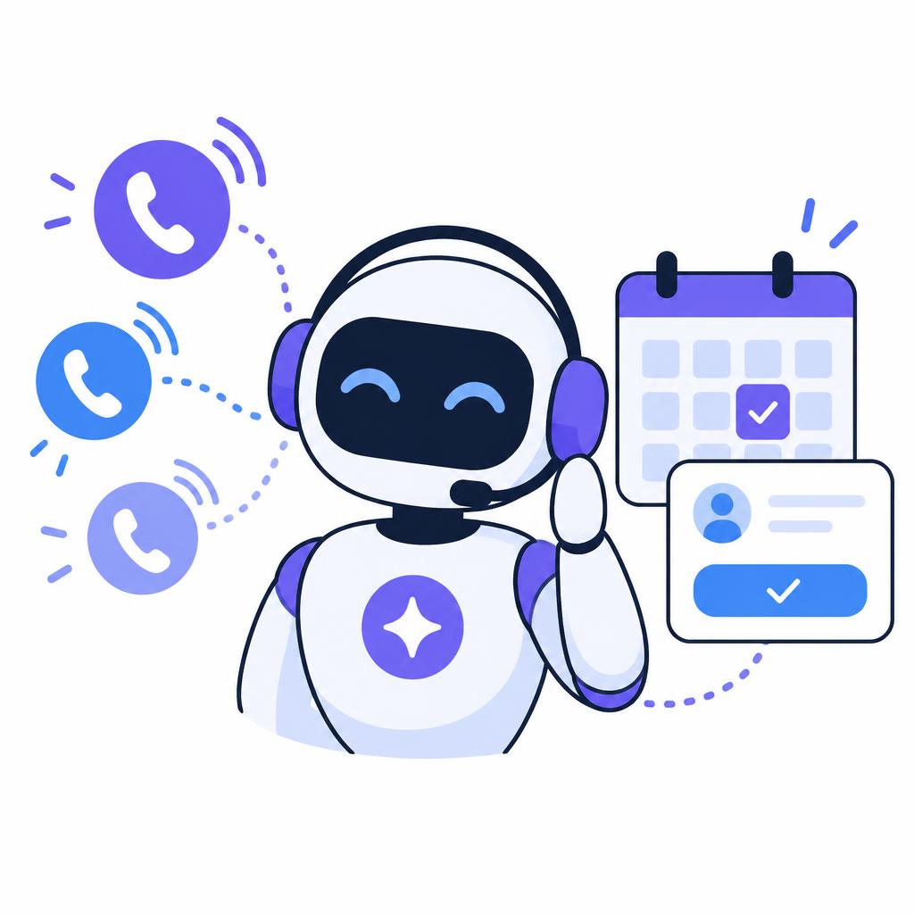 Flat illustration of an AI assistant with a headset answering phone calls and booking appointments