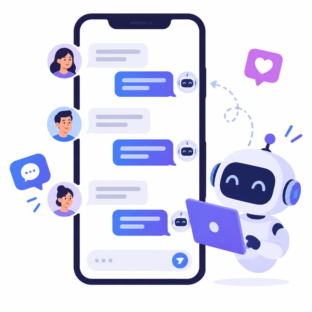 Flat illustration of a phone with social media DM conversations being answered by a friendly AI robot